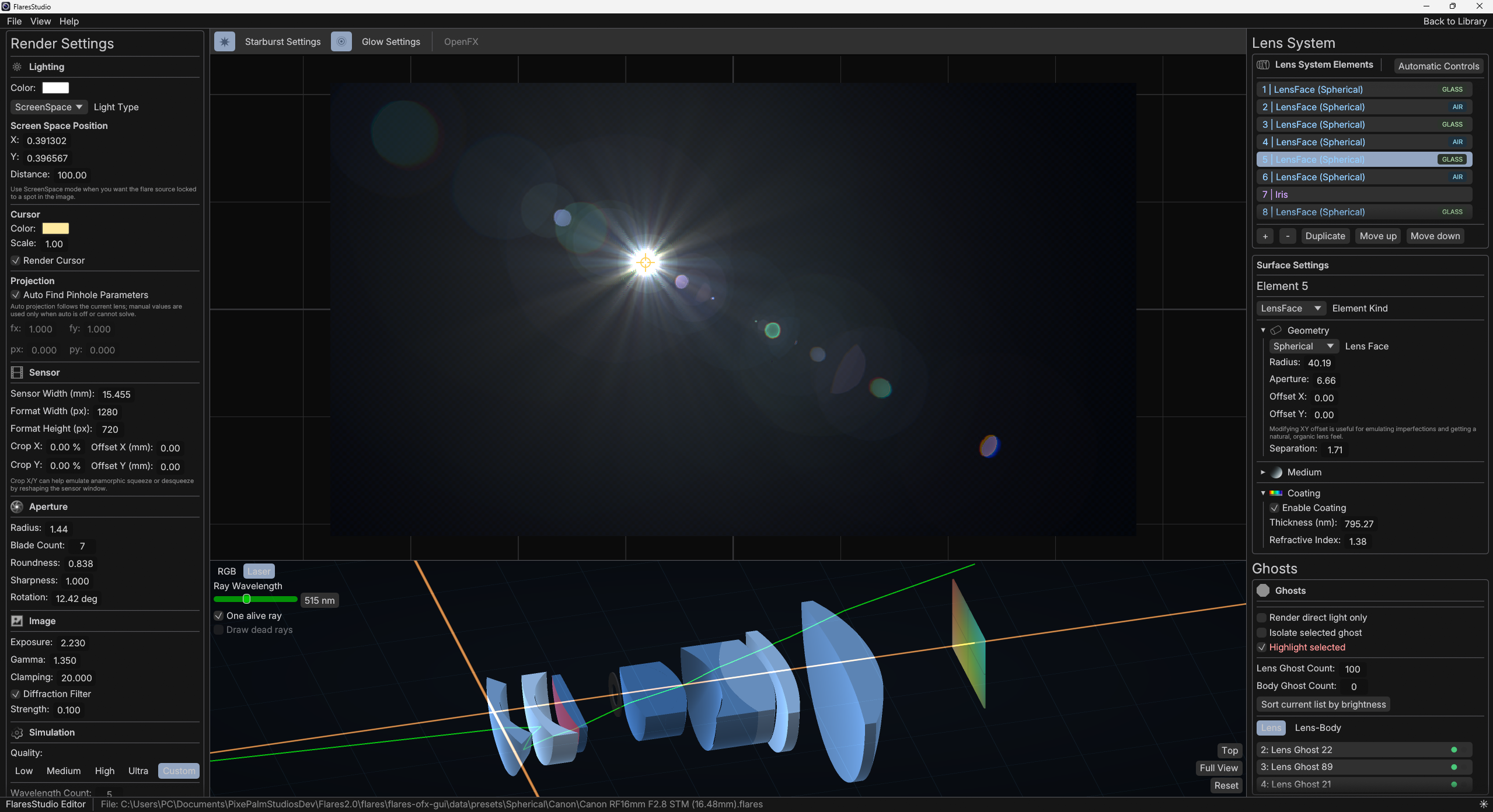 Flares Studio editor showing a rendered flare, lens system, and detailed ghost controls